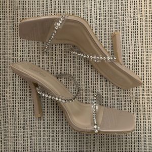 Boohoo Nude Crystal Strap Square Toe Heels
